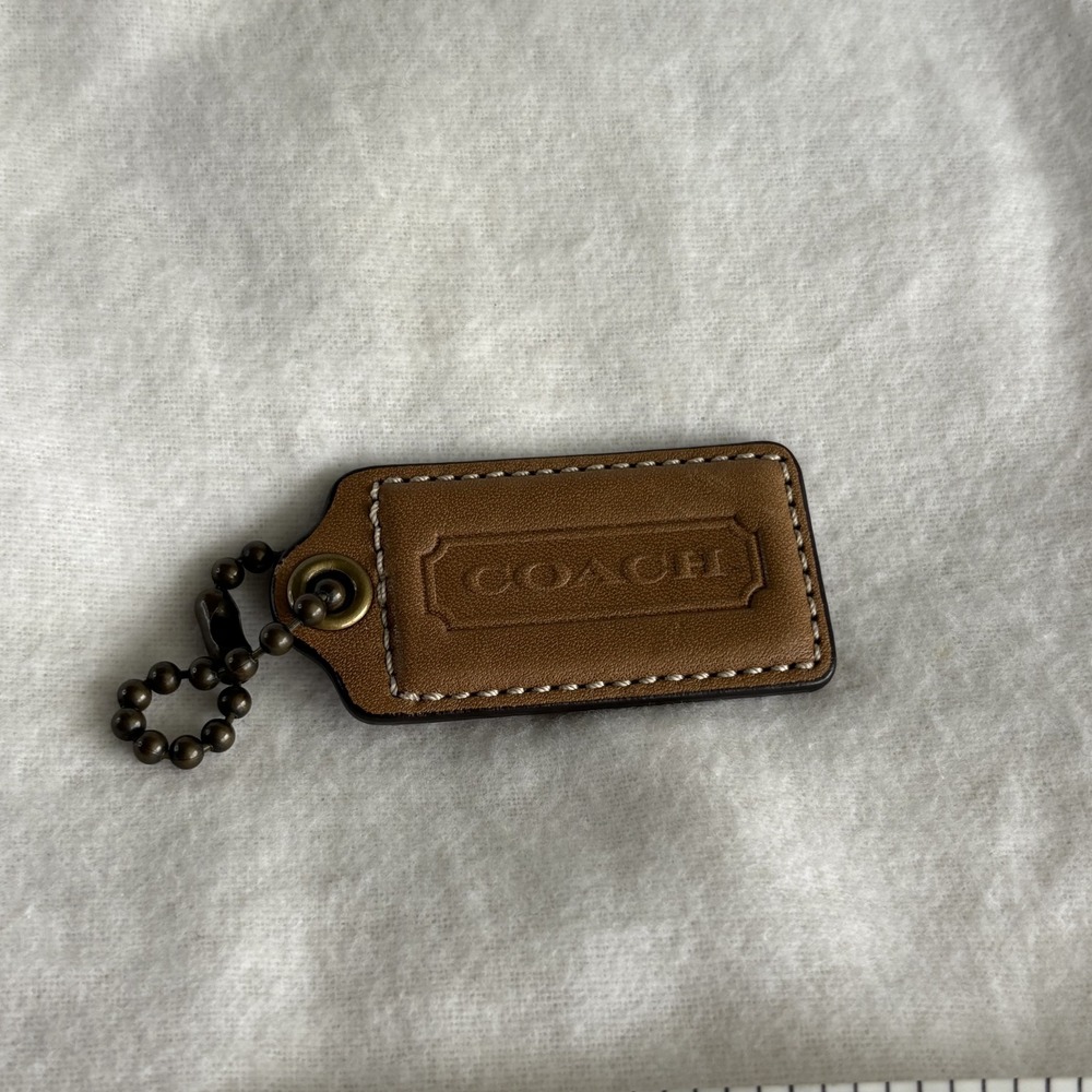 COACH 2.25" Hang Tag Fob Bag Charm Saddle Brown Leather, Brass Ball Chain